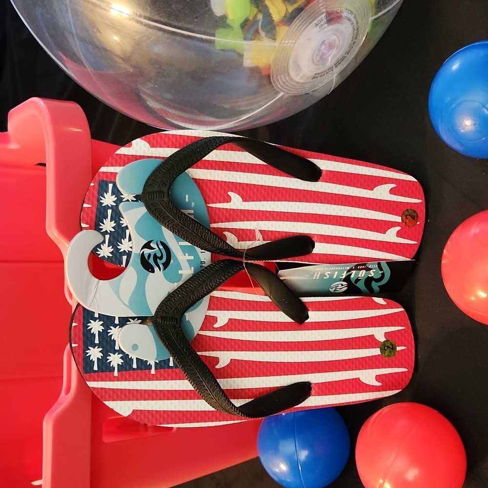 Red white and blue flip flops, sz 2